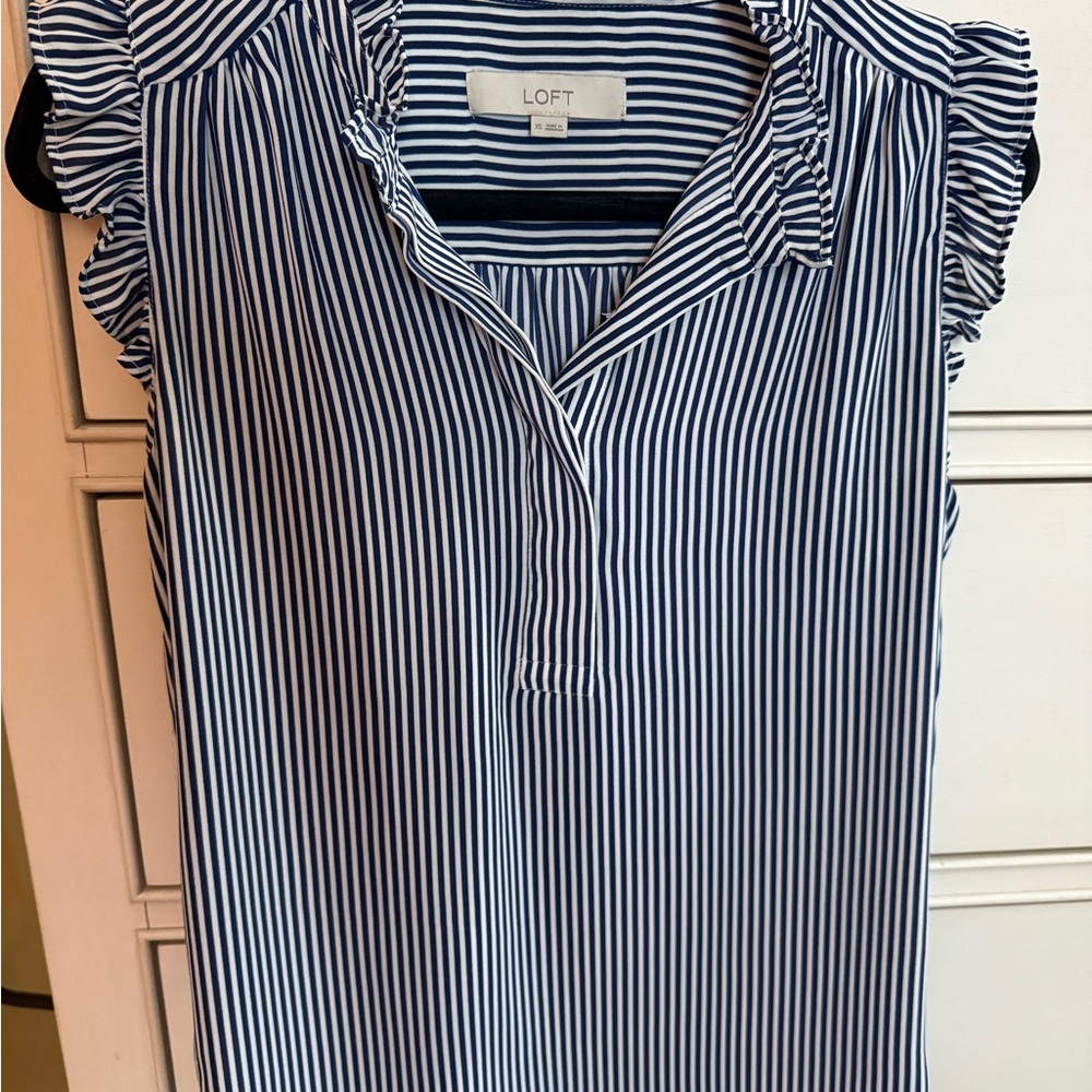 LOFT Navy and White Striped Blouse